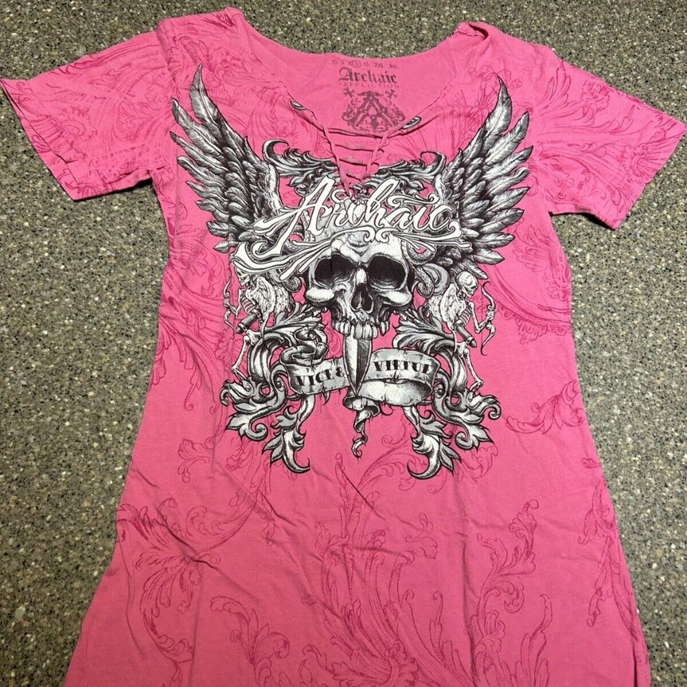 Archaic by Affliction Women’s T-Shirt - Size Large - Pink w/ Wings (WS010)